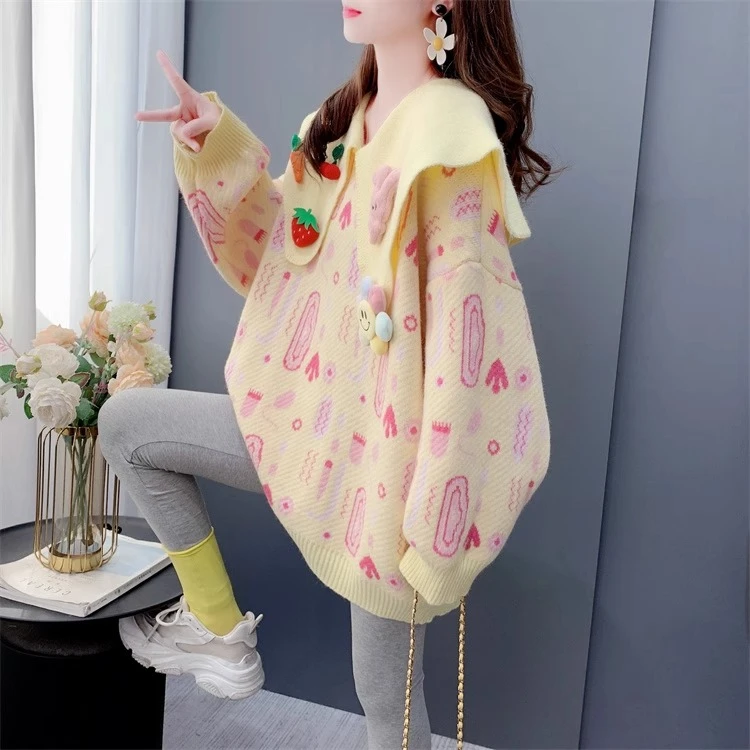 少女连衣裙娃娃领甜美毛衣女秋冬外穿2024新款宽松针织衫学生上衣