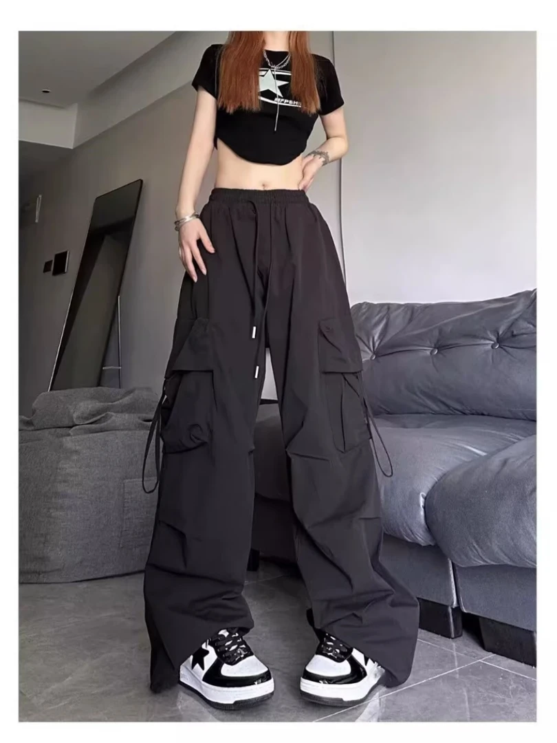 初高中工装裤女春夏宽松显瘦垂感休闲秋季美式松紧直筒束脚裤百搭