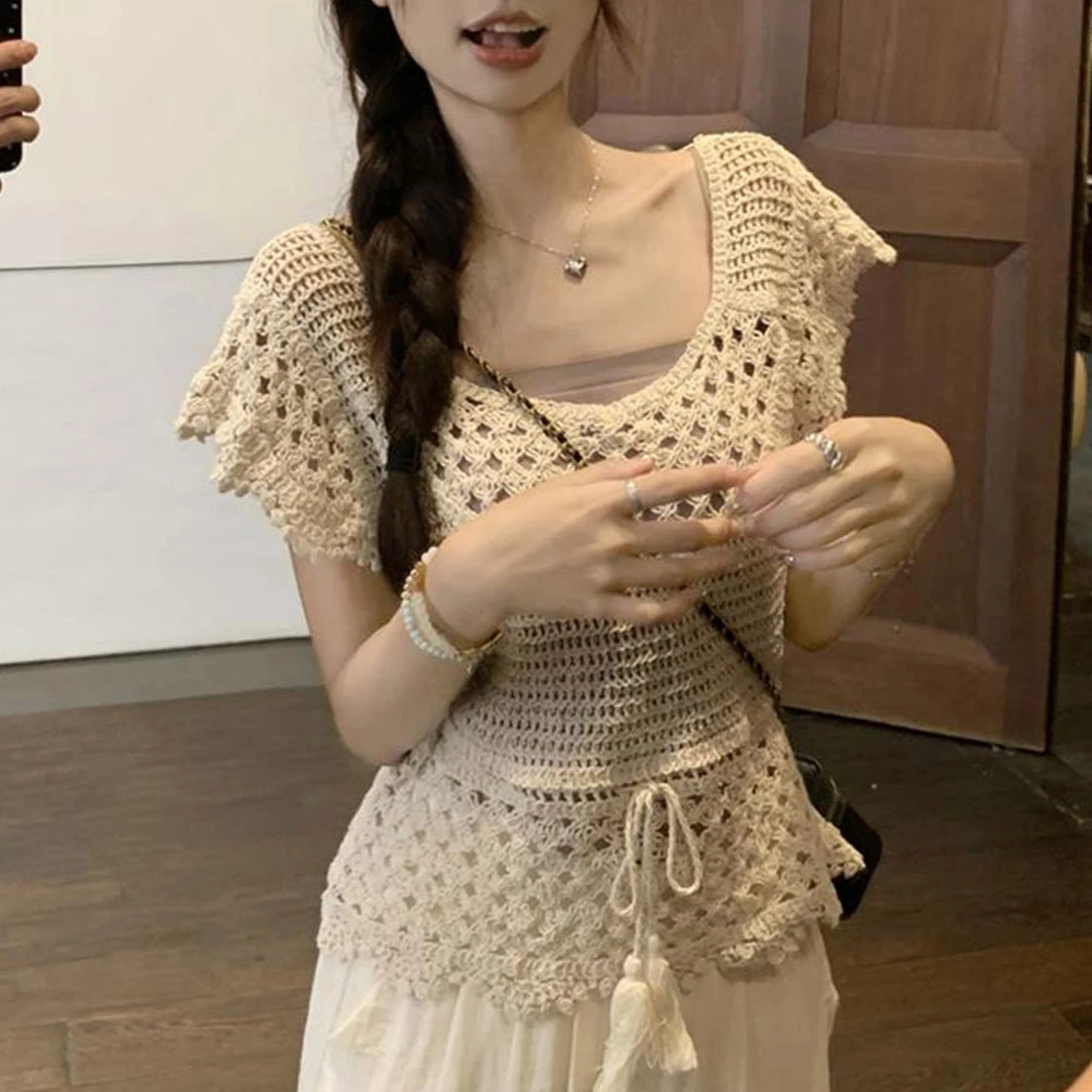 韩系镂空钩花短袖针织衫女装夏季学院风小众叠穿系带流苏罩衫上衣