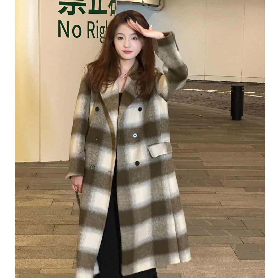 英伦风休闲格子百搭双面长款双面羊毛大衣女气质毛呢外套2023爆款