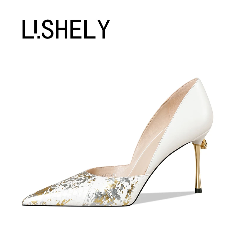 793[曲意风华]8cm尖头浅口细跟单鞋24春季款真皮金色纹理轻奢女鞋