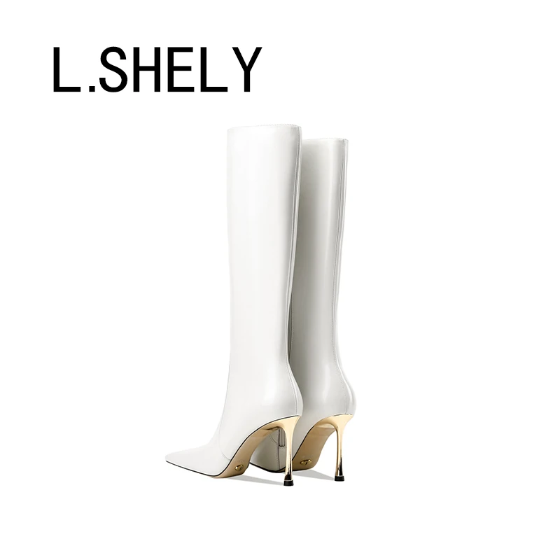 782[卡纳林娜]新款秋冬白色时尚真皮高筒靴细高跟尖头洋气长筒靴