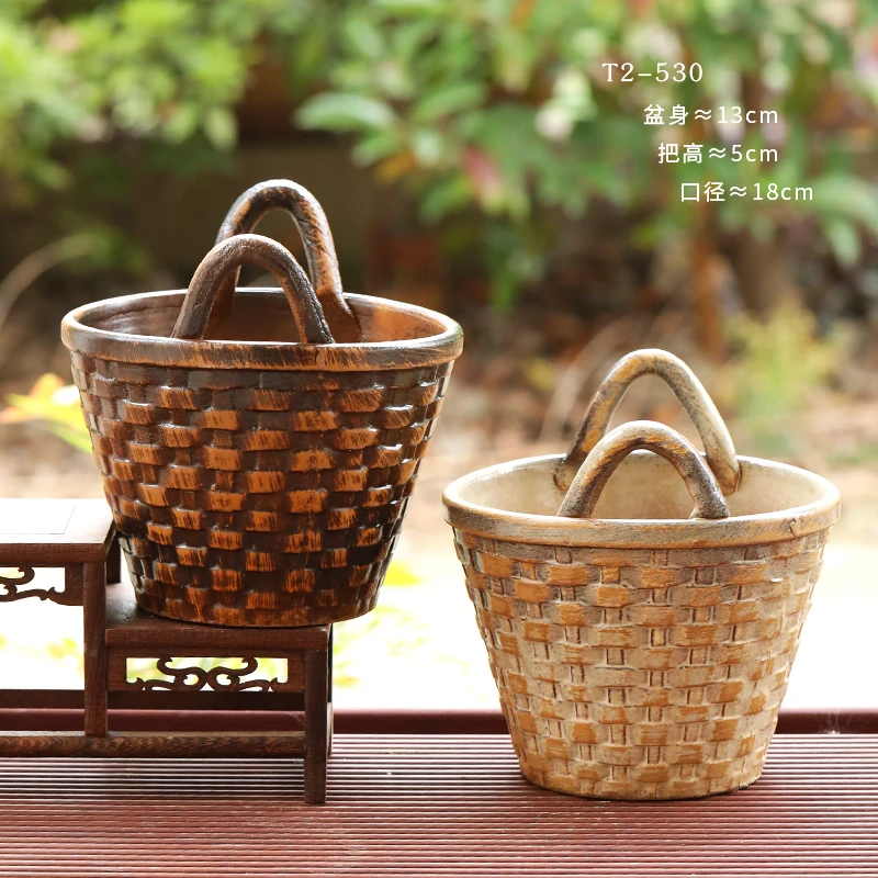 T2-530大号多肉粗陶花盆老桩法师创意提篮复古异形透气植物陶瓷陶