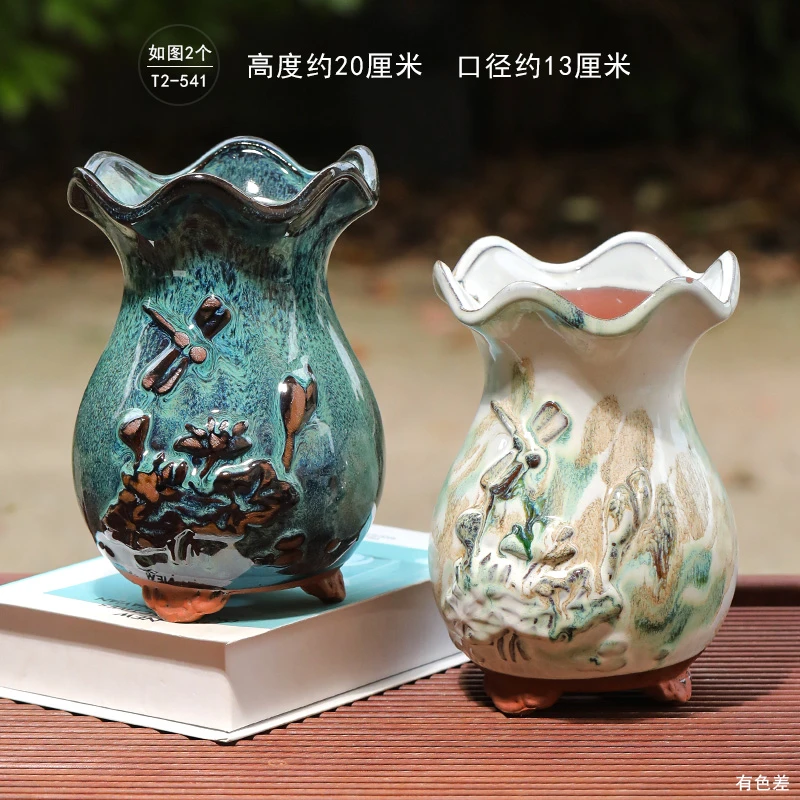 T2-541多肉花盆复古花边口花瓶陶瓷粗陶乌木室内简约老桩盆