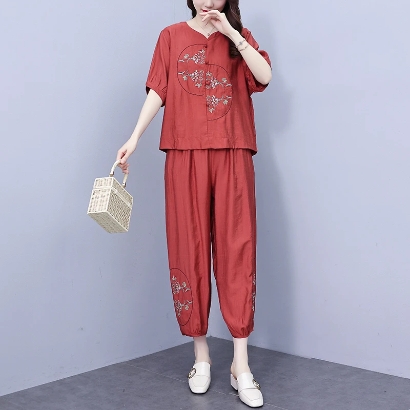 新款爆款妈妈夏装套装洋气中老年人棉麻亚麻中国风复古大码两件套