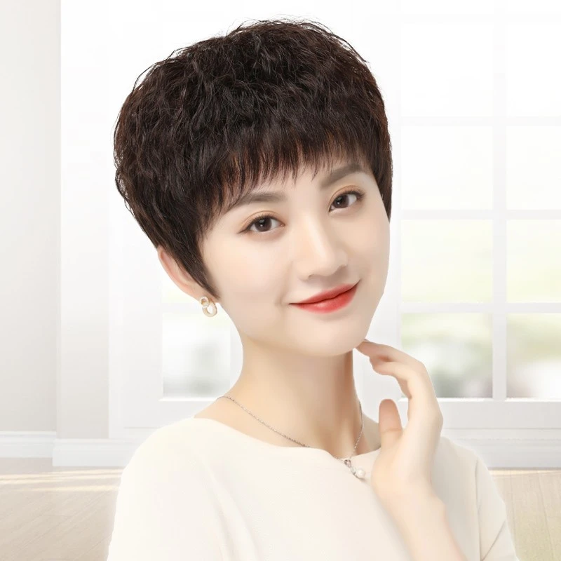 假发女短发中老年妈妈款真发透气假发套全头套羊毛卷时尚自然发套