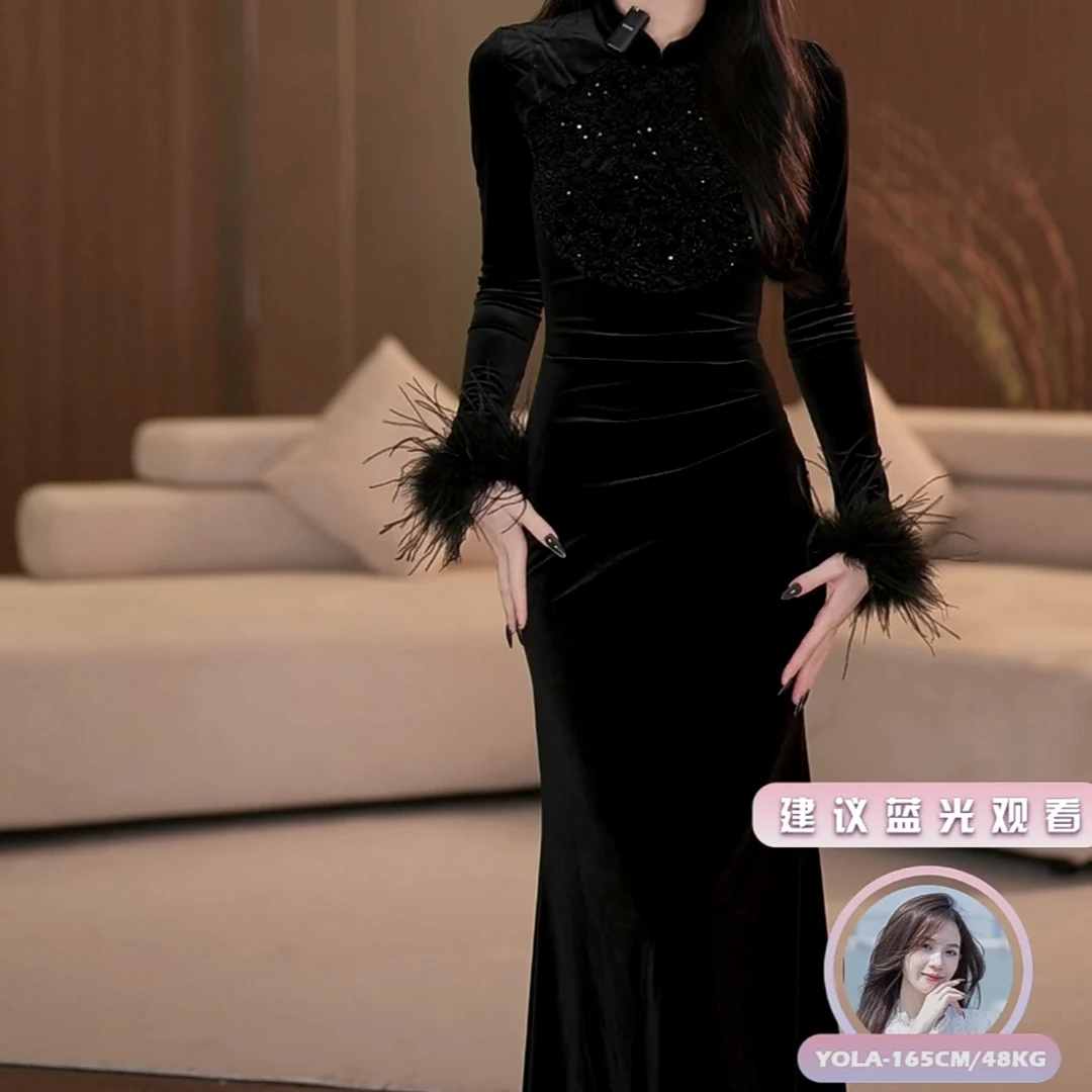 【yola】暗香时节秋季新款新中式气质收腰显瘦鱼尾连衣裙-YL12001