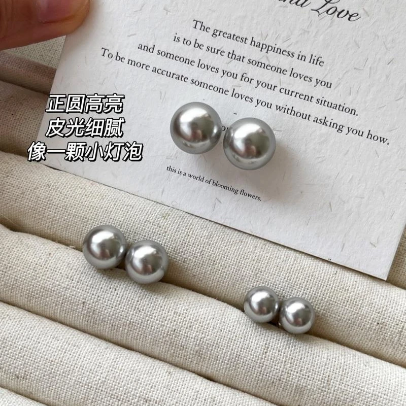 925银正圆强光真多麻色施家珠珠耳钉复古轻奢高级感简约百搭耳饰