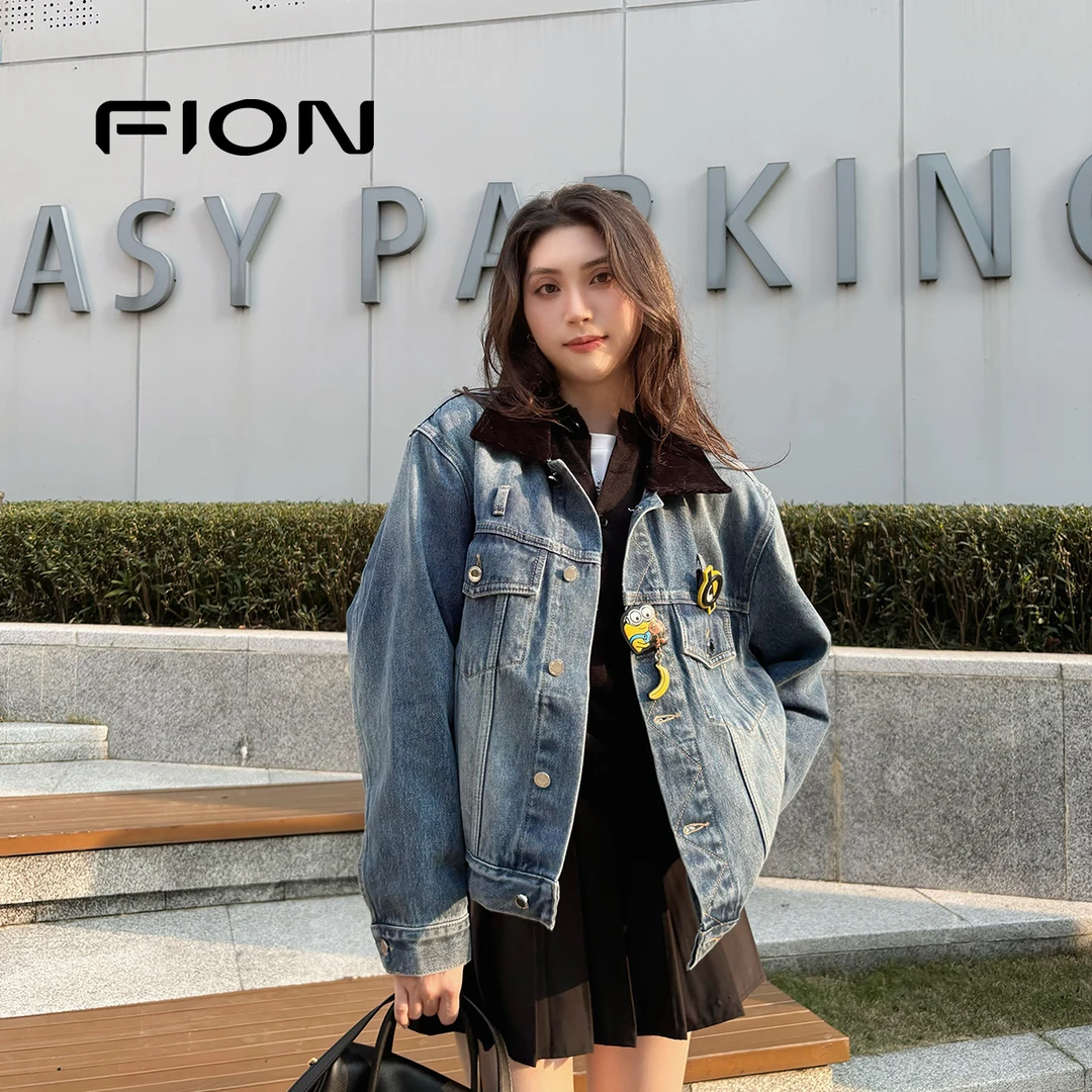 Fion/菲安妮时尚休闲百搭潮流宽松水洗春秋季牛仔外套FHAHFIU501