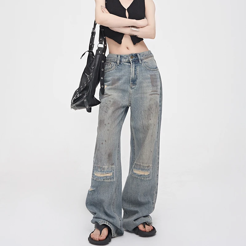卡扎琳2025秋冬新款复古做旧水洗破洞脏脏牛仔裤女高腰直筒拖地裤