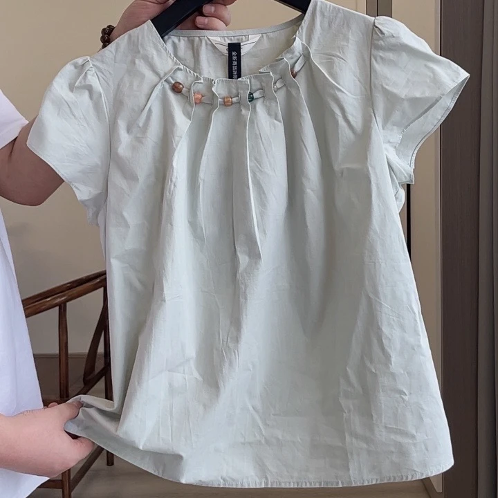 9808纯棉设计感皱褶衬衫女夏季新款气质减龄甜美独特别致上衣女