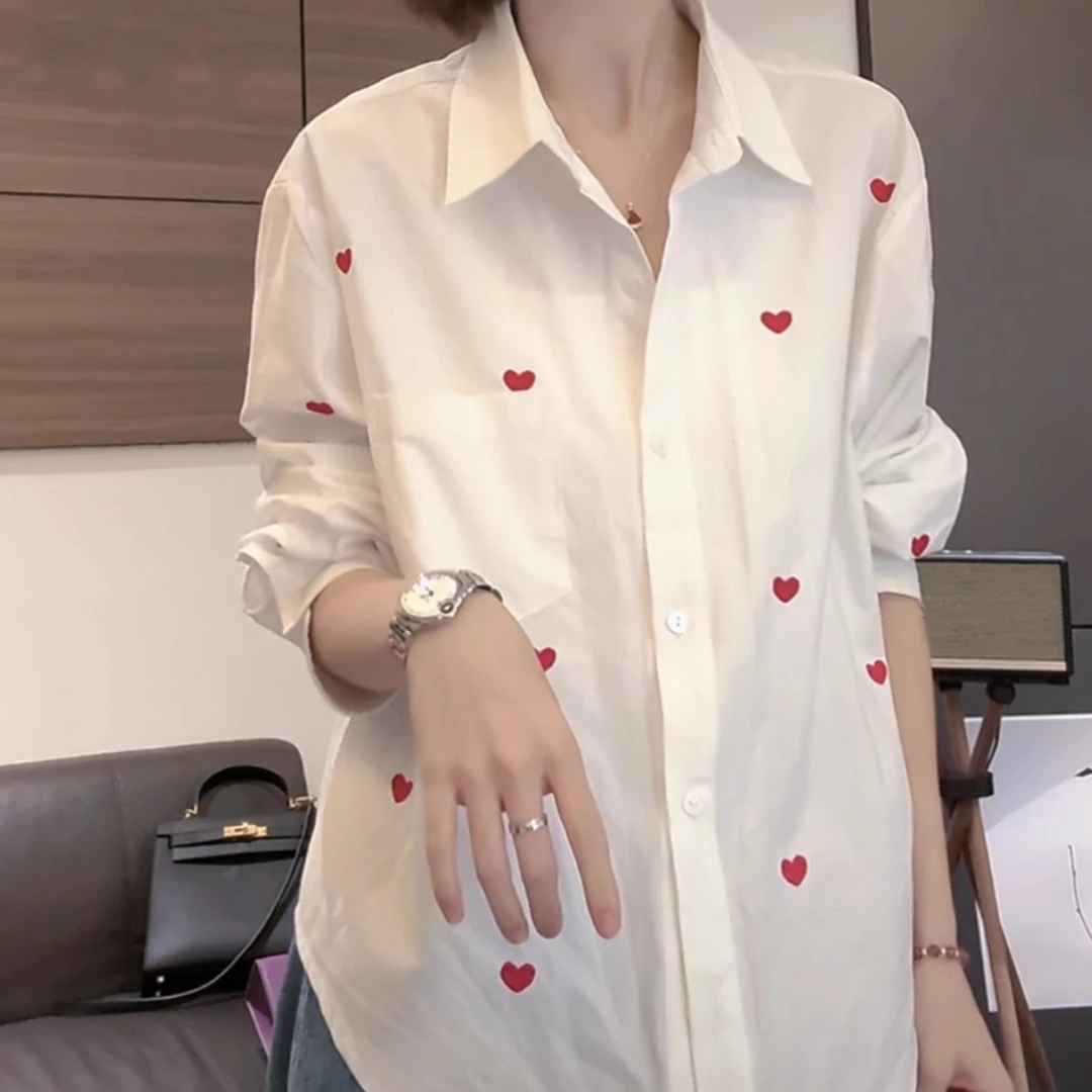9995纯棉秋季小众设计时尚休闲爱心刺绣长袖衬衣洋气欧货衬衫爆款