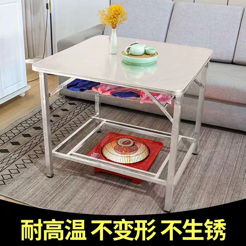 烤火桌子家用多功能折叠不锈钢取暖双层烤火架子正方形桌四方简约