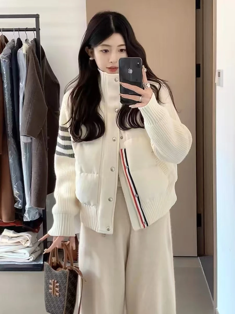新款上新情侣针织短款羽绒服韩版拼接
