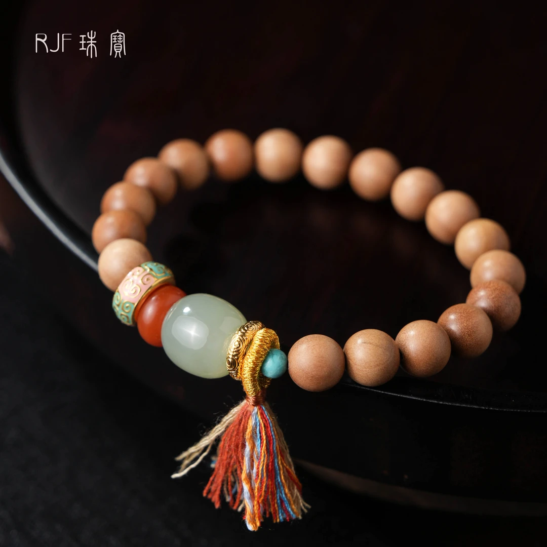 RJF【文绿】新款山檀和田玉原创设计 简约单圈百搭气质手串+18K金