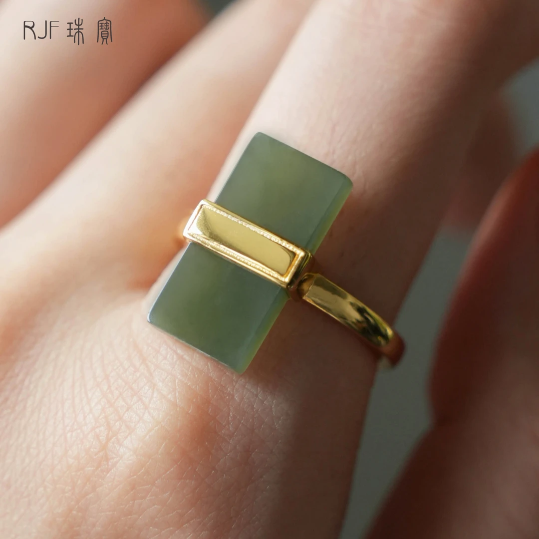 RJF【安菱深色】和田玉无事牌戒指 轻奢简约气质款（天然多样性发）