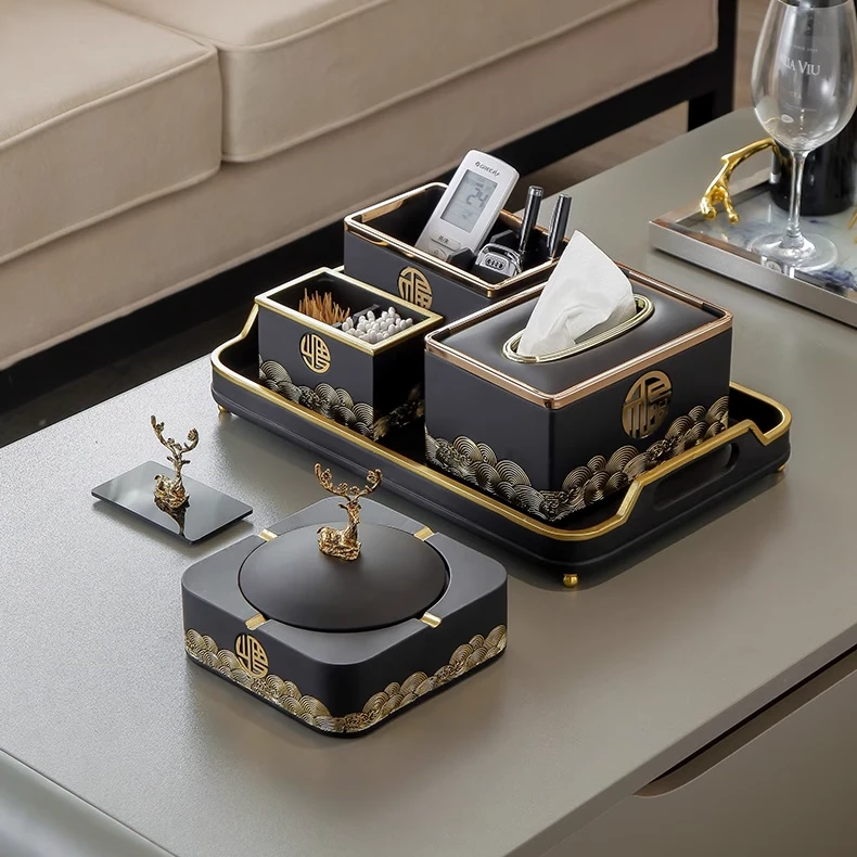 新中式茶几纸巾盒烟灰缸摆件高级感轻奢高档客厅桌面收纳软装饰品