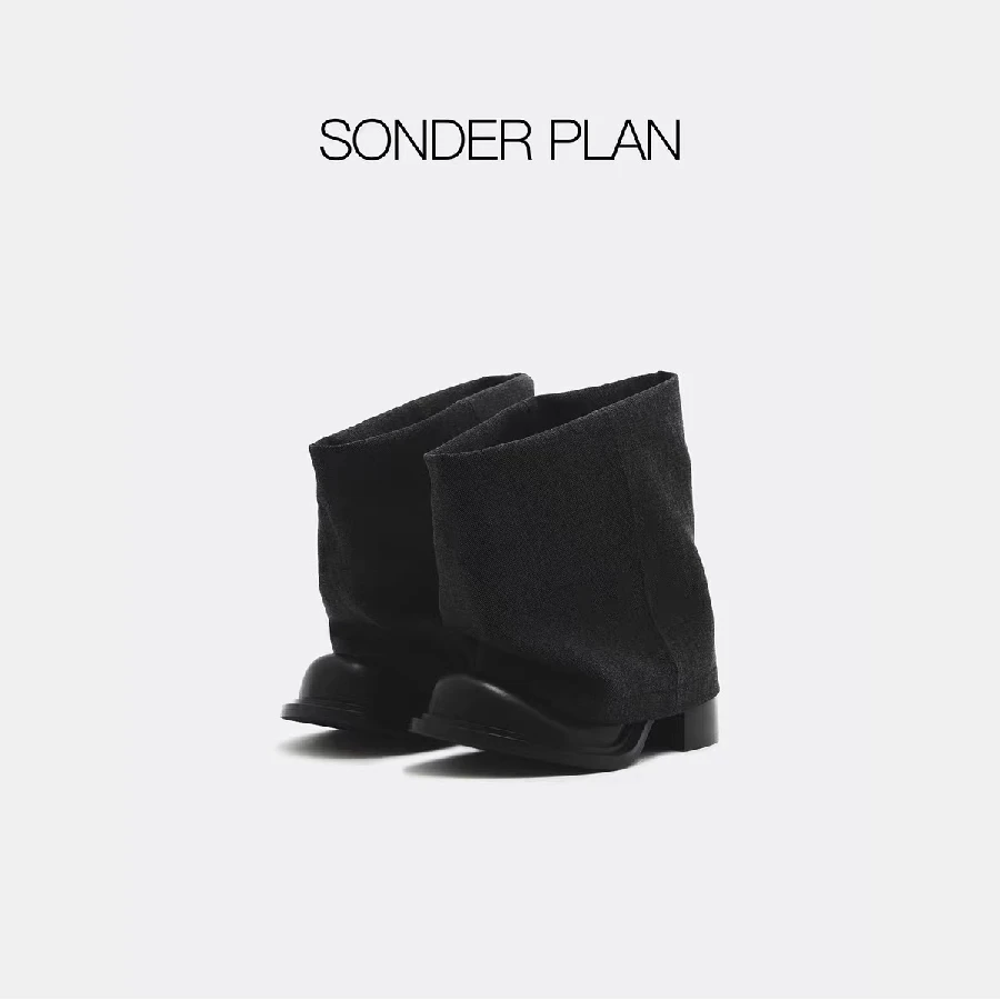 SONDERPLAN牛仔裤管靴进口小牛皮裤管靴高跟短靴轻奢鞋子欧若风