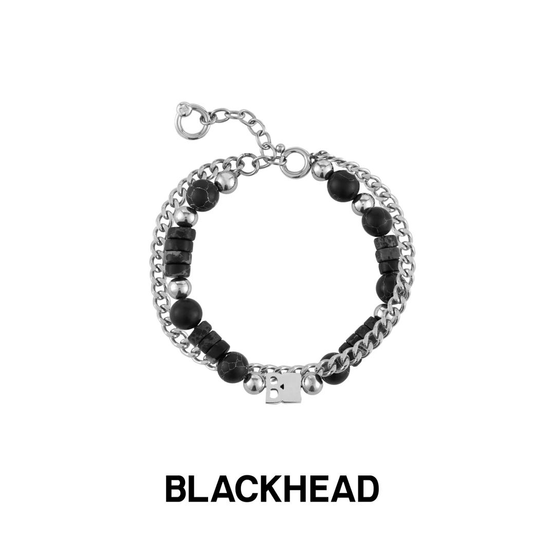 BLACK HEAD/黑头 钛钢合成锆石手链 LOGO字牌串珠链条双层手链