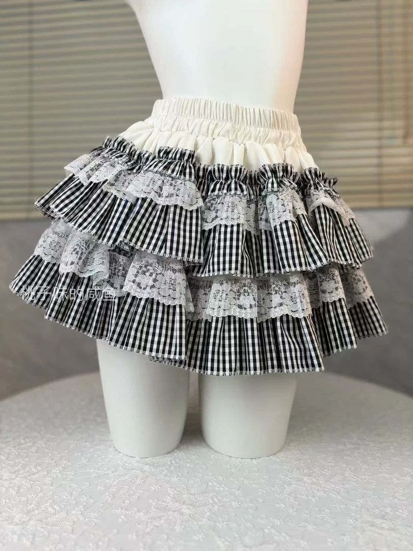 秋冬黑白格蓬蓬裙高腰白色半身裙lolita防走光