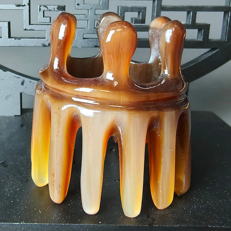 牛角梳皇冠头疗按摩梳洗头梳头部按摩头皮梳头洗头梳牦牛角梳子