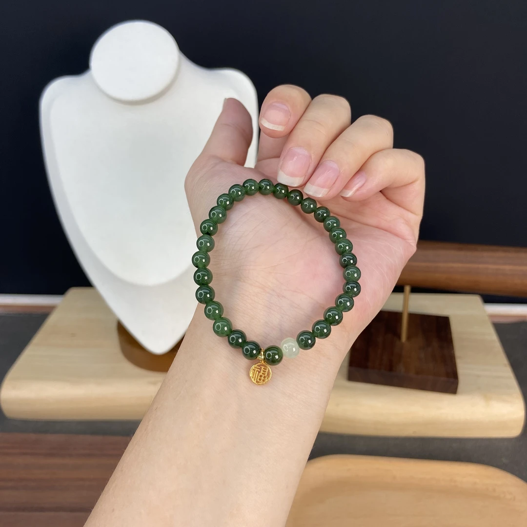 和田玉乌兰海碧玉卡6MM搭配桶珠路路通配饰小福牌吊坠手串B51979