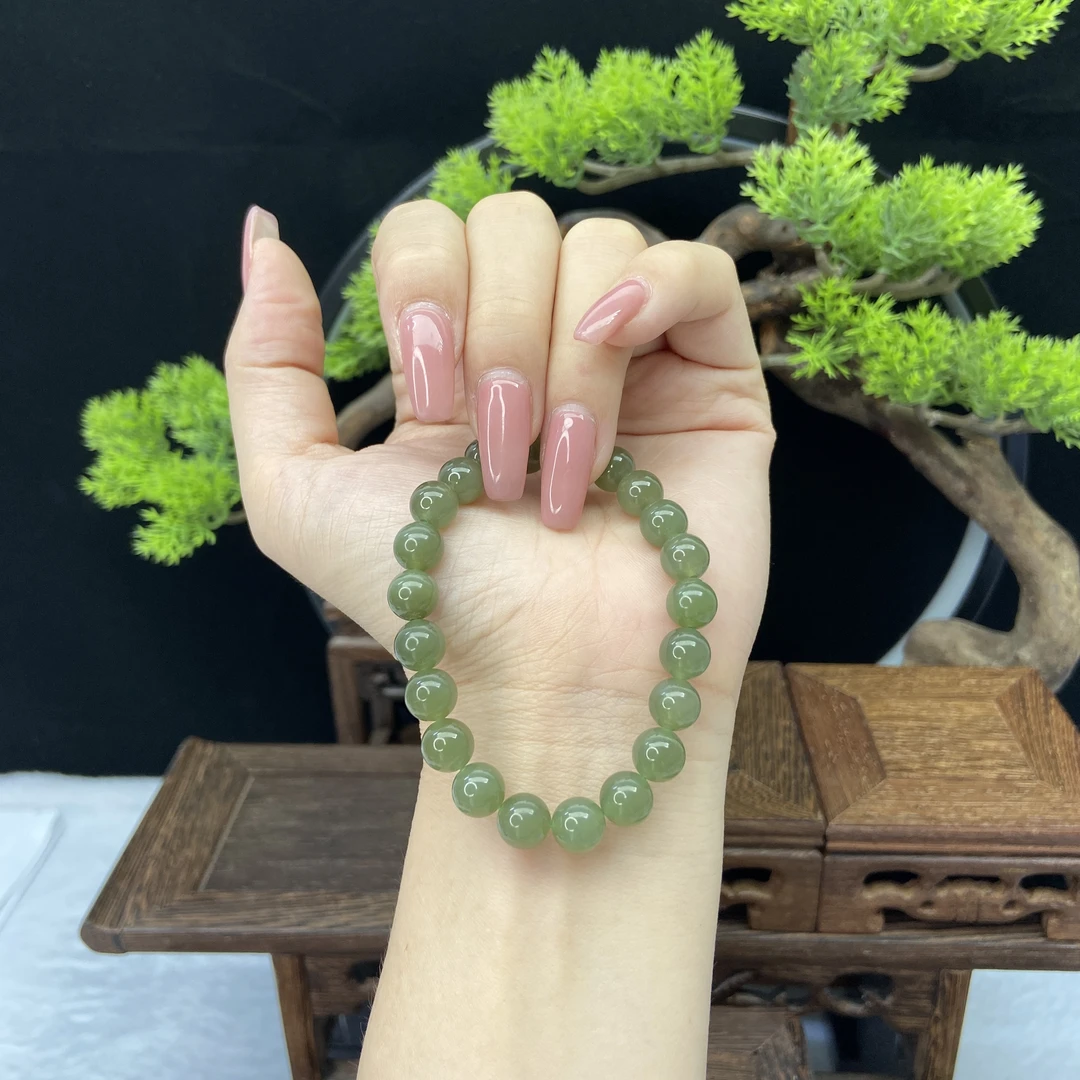 单圈和田玉湖水绿卡8MM素圈手串BD98239