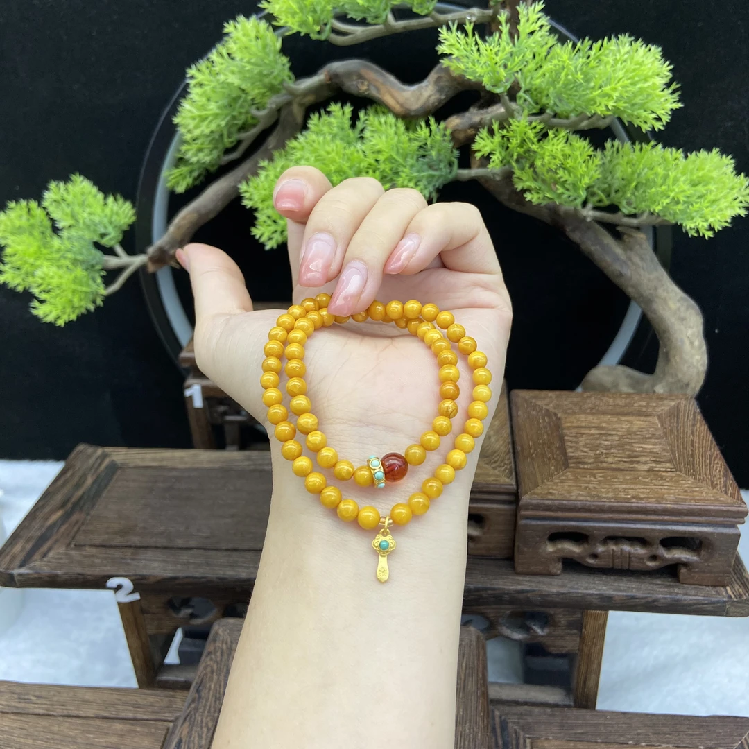 双圈蜜蜡卡5MM加搭配如意吊坠手串D124749