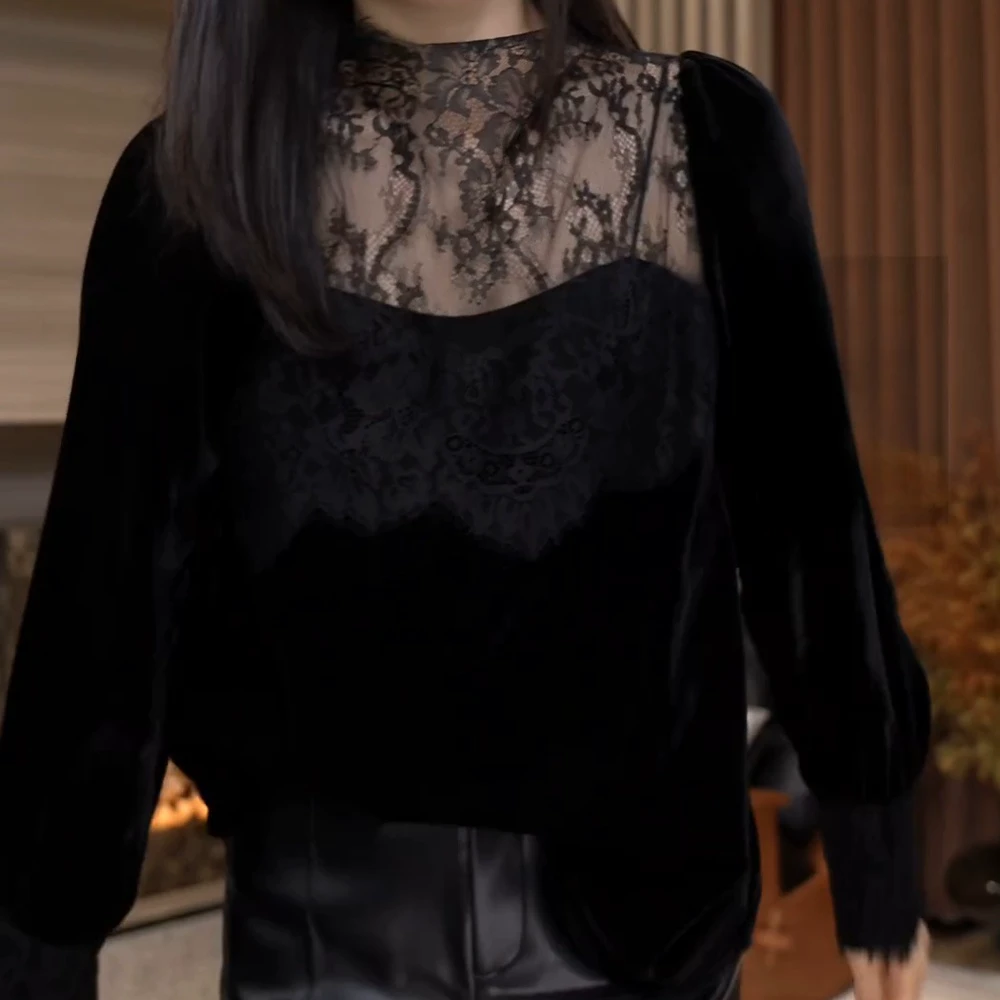 【Jason colors】气质镂空高定内搭丝绒蕾丝衬衣黑色长袖拼接上衣