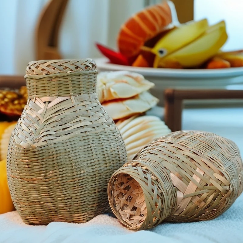 精品壮乡特色竹篓鱼篓手工编织竹灯罩螃蟹海鲜篮修饰花瓶茶篓包邮