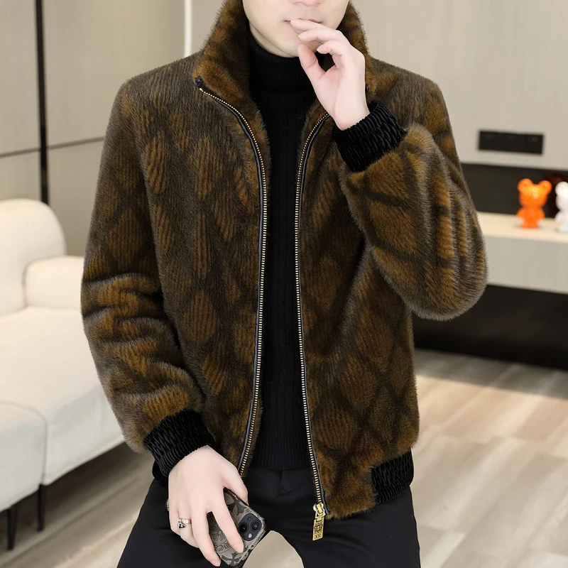 男士仿水貂绒夹克立领外套2023冬季青年潮流时尚欧货貂绒短款上衣
