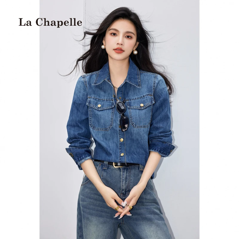 拉夏贝尔白露同款复古牛仔外套女2025新款小个子秋冬衬衫牛仔衬衣