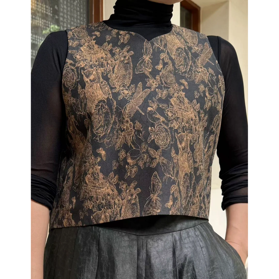 香云故里·唐朝黑金宋锦香云纱宽松A摆后开叉背心马甲XB24-O02021