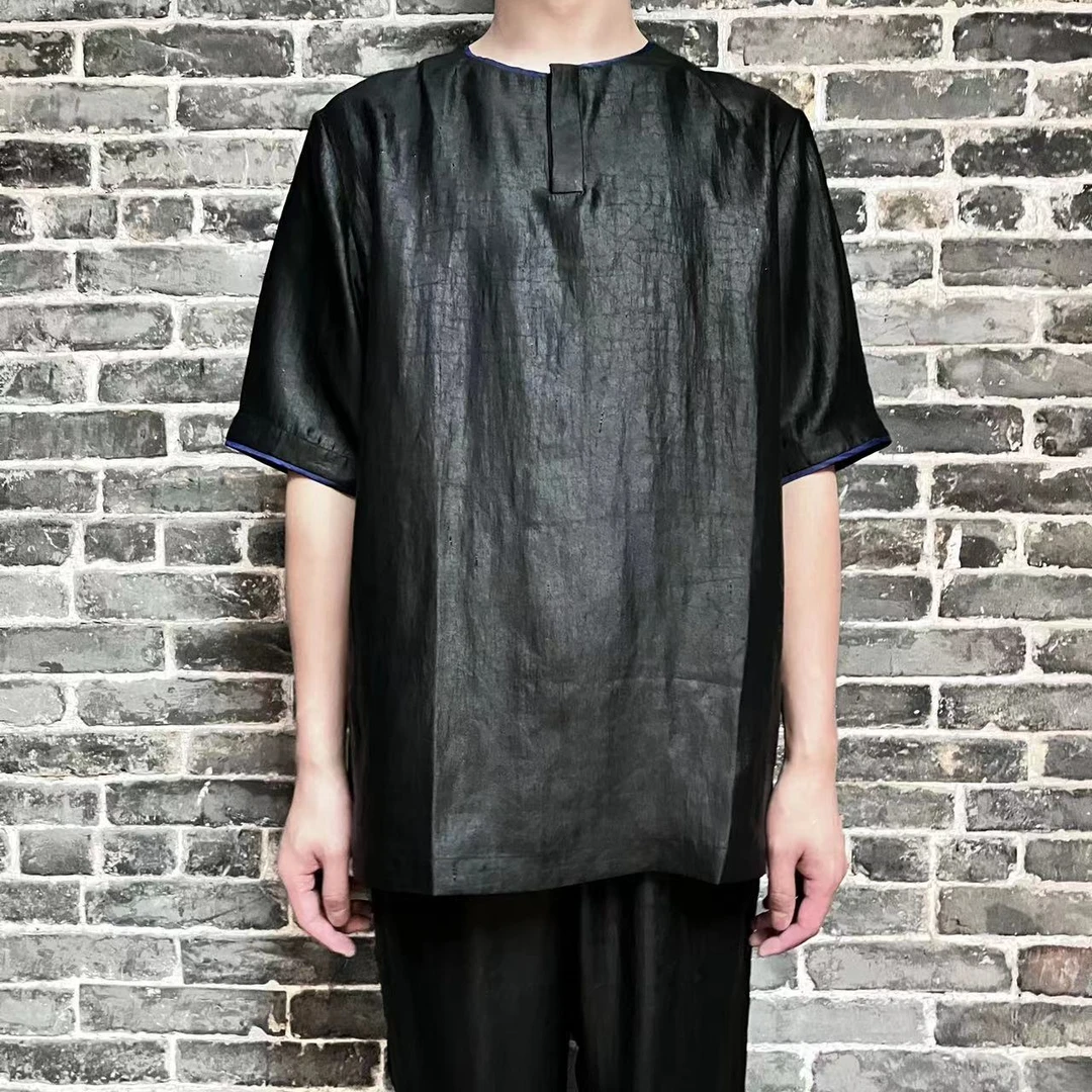 【香云故里】蓝素平缎香云纱男士套头衬衫XA23A-15A229