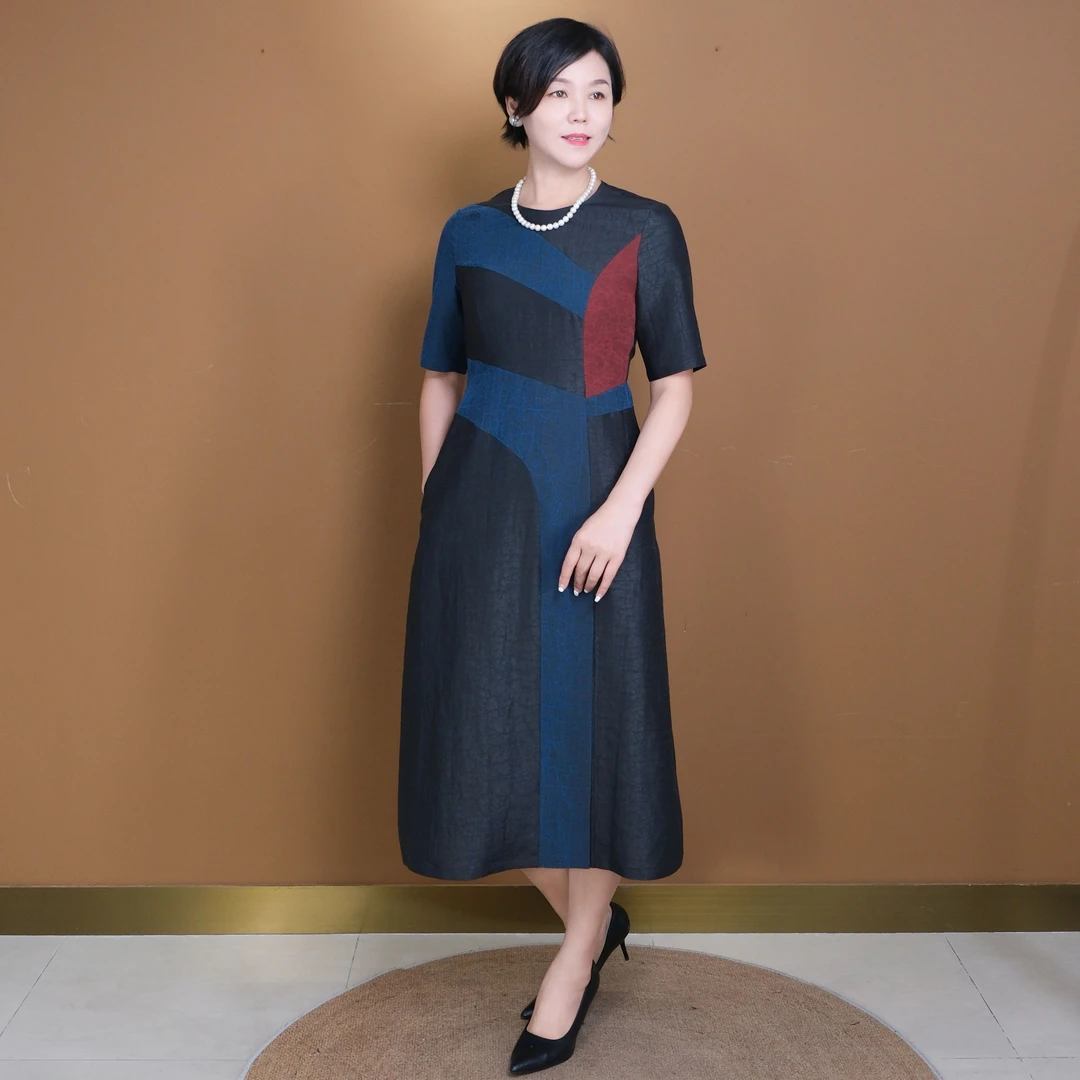 香云故里·红蓝龟纹香云纱拼接收腰短袖气质连衣裙XB24-A11071