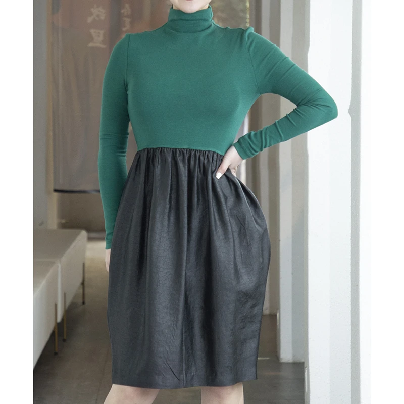 香云故里·原创绿龟纹香云纱拼针织高领连衣裙XB22D-11G079