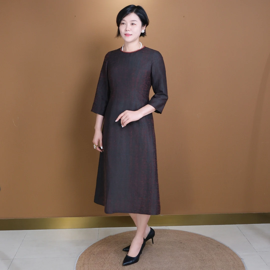 香云故里·红龟纹香云纱麻花领圈时尚7分袖气质连衣裙XB24-A11072