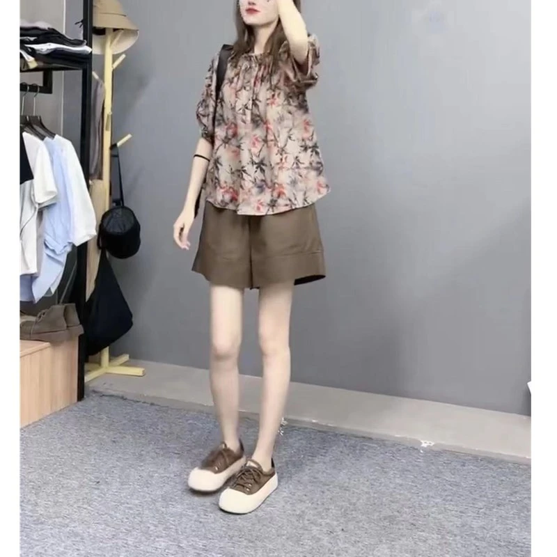 2025夏季新款时尚碎花雪纺上衣休闲阔腿短裤女装M21377宽松减龄