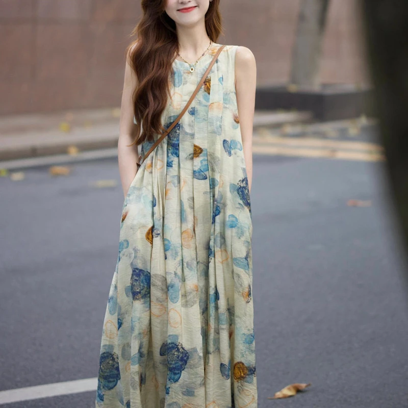 水墨画背心连衣裙小众设计感2025春夏新款复古文艺气质宽松长裙