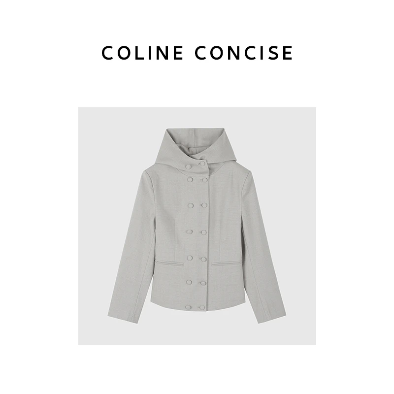 COLINE CONCISE小众设计感连帽西装莫兰迪浅灰绿调西服