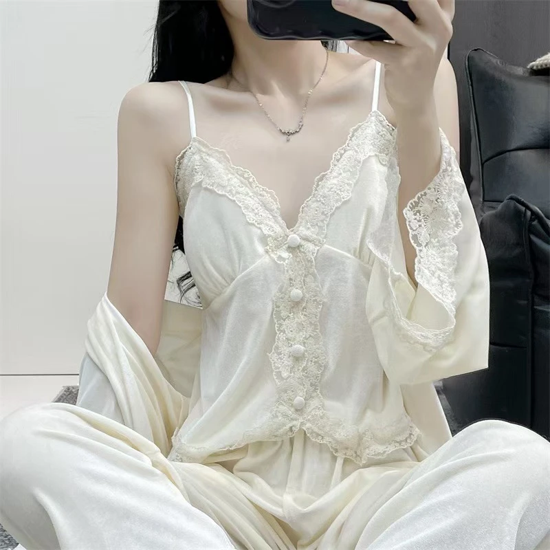 【月满江水】秋冬款女士金丝绒带胸垫吊带睡裤外袍高定轻奢家居服衣