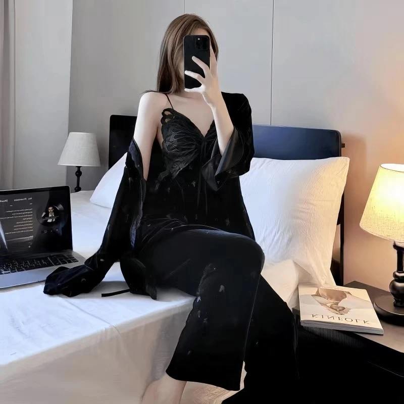 【琉璃蝶梦】秋冬款金丝绒纯欲甜美蝴蝶加胸垫三件套吊带睡裙家居服