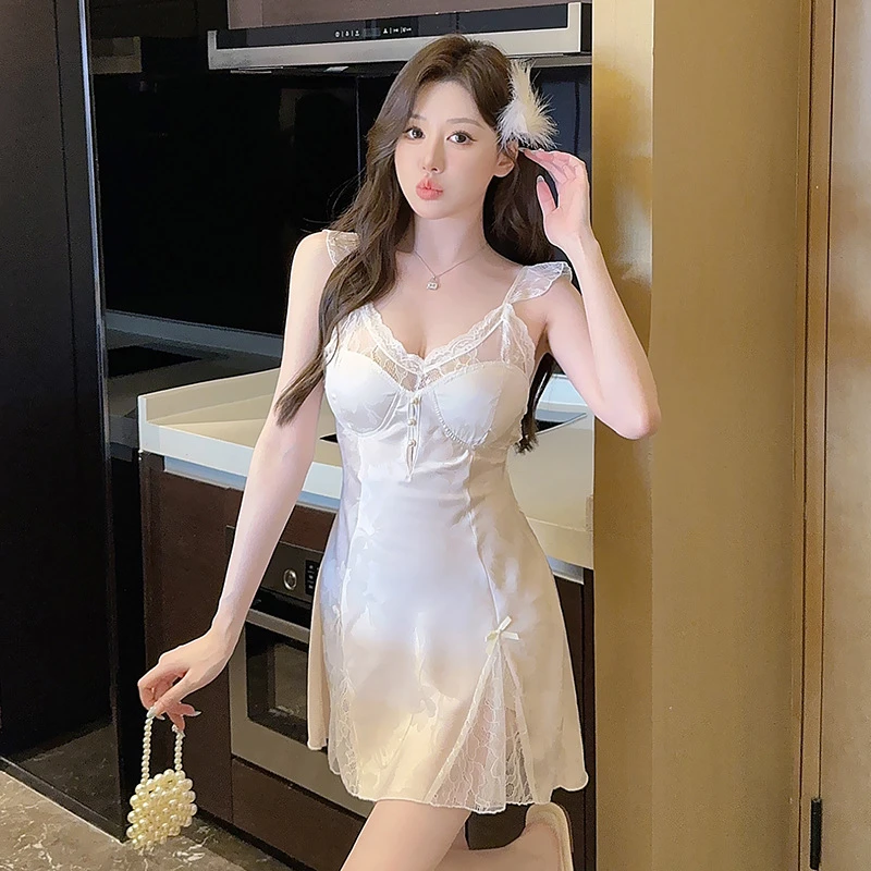 【拈花一笑】纯欲风睡衣甜美印花暗纹拼接蕾丝吊带睡裙女吊带睡衣