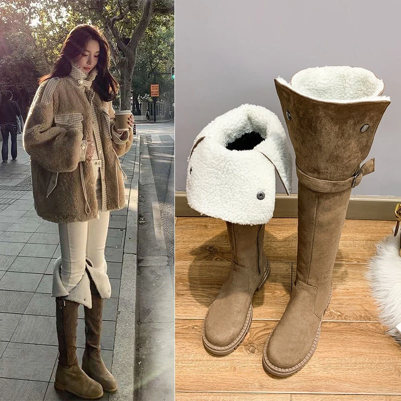 【小扬哥推荐】羊羔毛长筒靴女过膝长靴2023加绒显瘦雪地靴女平底