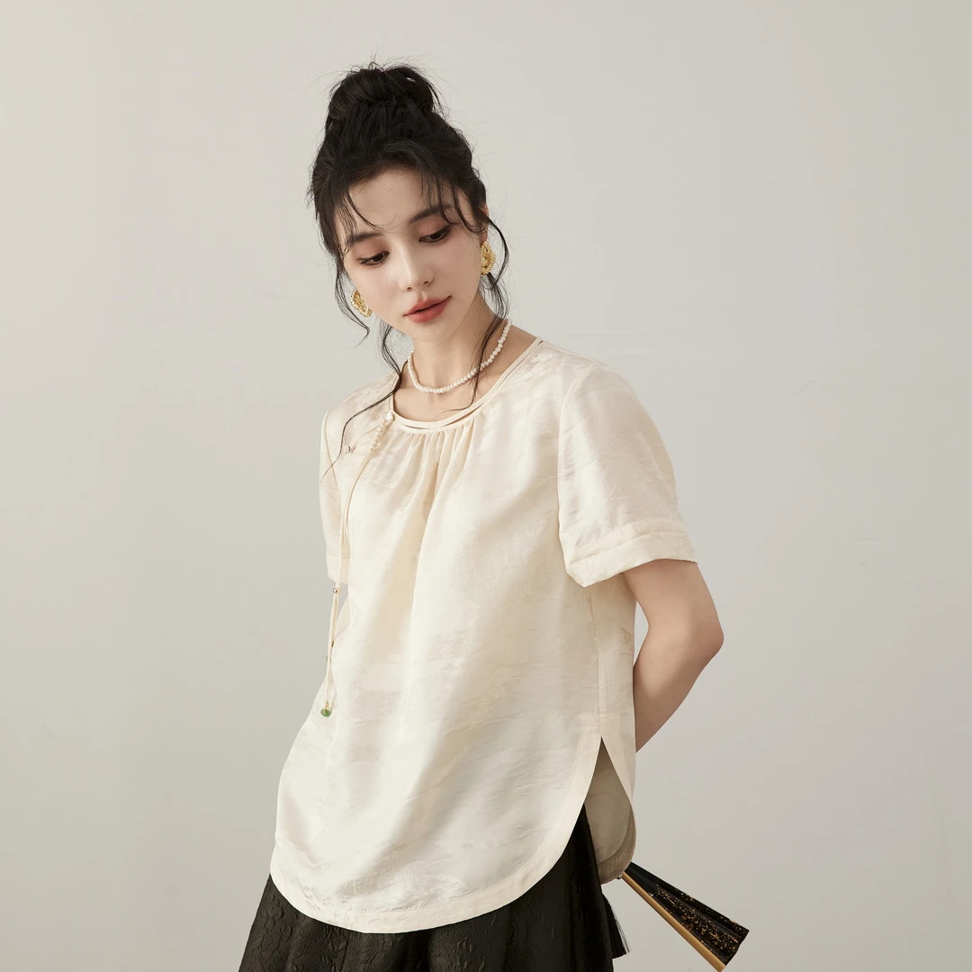 桑蚕丝丝锦轻奢高品质时尚真丝女士T恤上衣 |6052