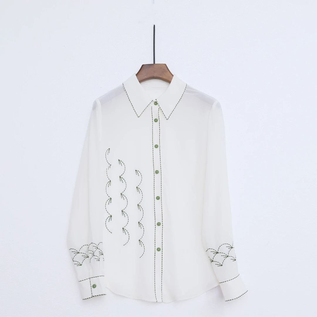 桑蚕丝双皱气质长袖轻奢尖领宽松撞色绣花真丝女士衬衫 |6909