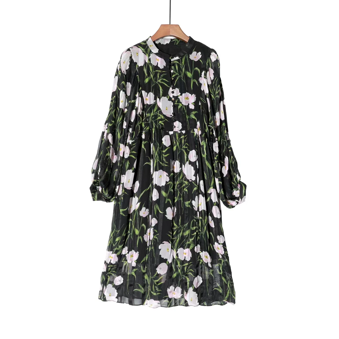 桑蚕丝优雅女人味印花显瘦真丝连衣裙 |6392