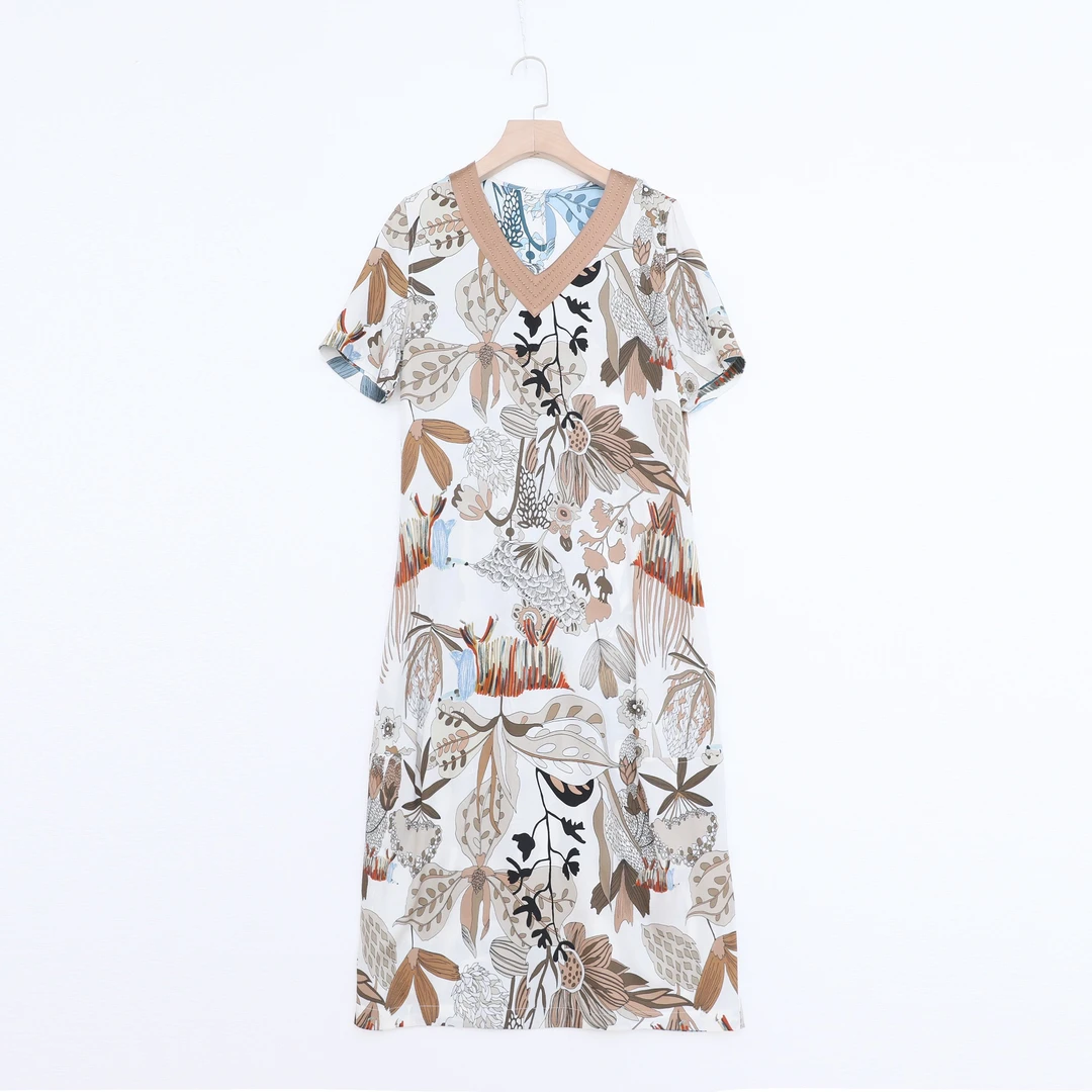 显瘦百搭气质时尚轻奢两穿女士夏季印花桑蚕丝v领连衣裙 |9910