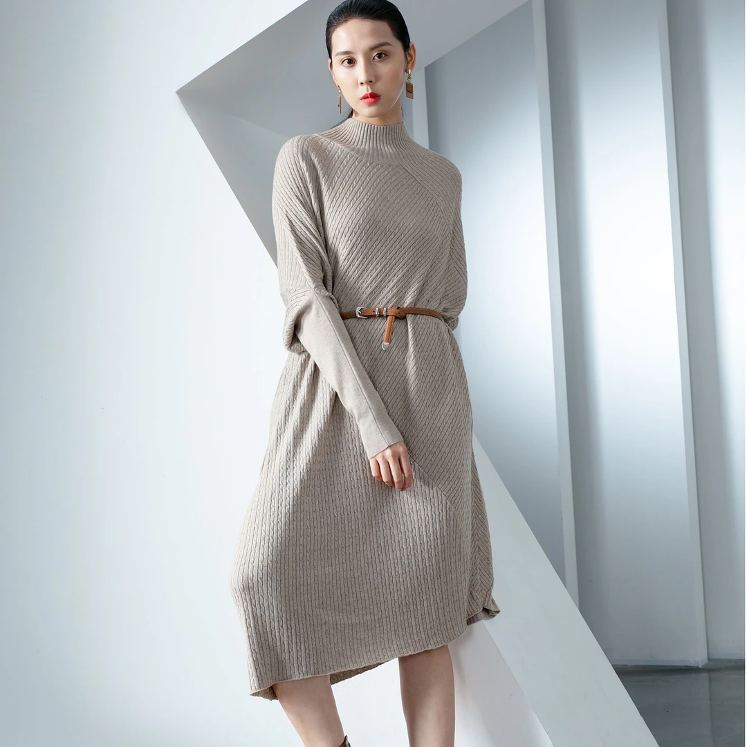 秋冬爆款气质显瘦加厚长款华夫格时尚休闲纯色羊毛针织连衣裙803
