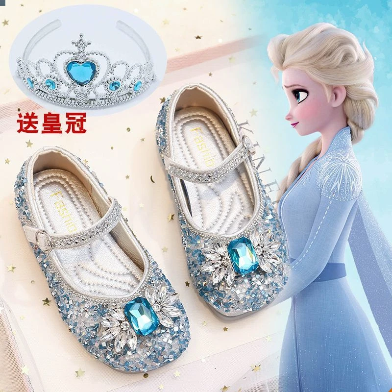 女童爱莎公主鞋2023春秋新款儿童皮鞋女宝宝演出水晶鞋软底单鞋